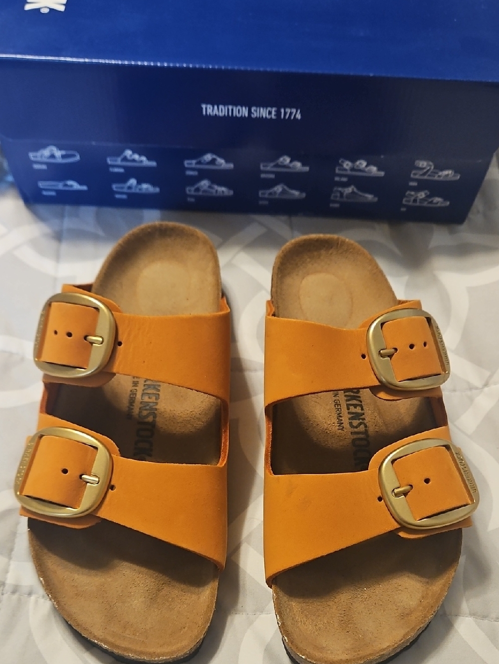 Birkenstock Womens Two-Strap Sandals in Mustard Yellow/gold, Arizona Big Buckle